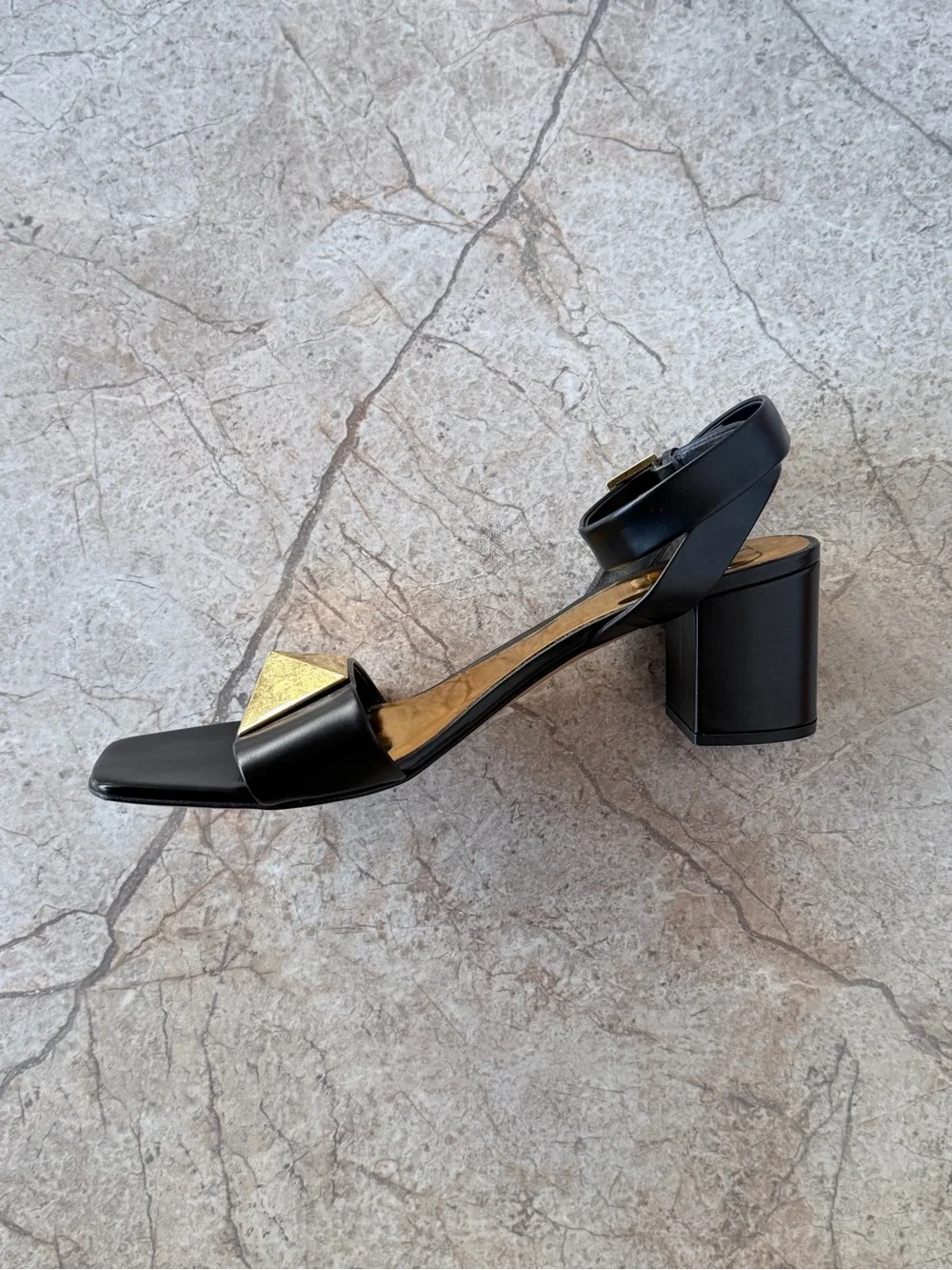 NEW! Valentino Garavani One Stud Black Leather Block Heel Sandals